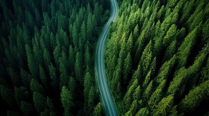 Aerial view of a winding road cutting through a dense green forest of evergreen trees