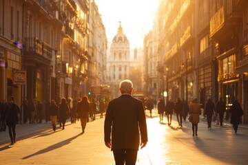 Obraz premium Walking towards sunset in a bustling city street filled with people and golden light