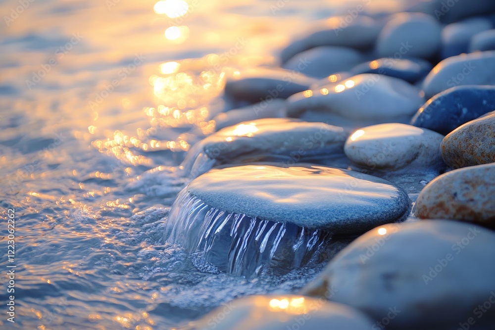 Aufkleber water flows over smooth pebbles during sunset, creating a tranquil atmosphere on the beach