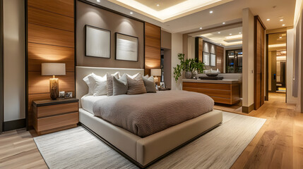 Cozy bedroom featuring elegant furniture and warm lighting.