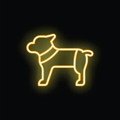 Neon yellow glowing symbol of a dog with a collar standing in side view