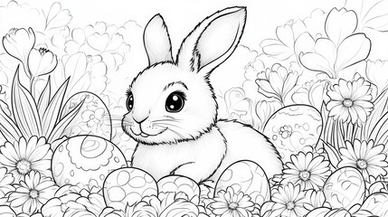 Obraz premium Charming rabbit surrounded by colorful eggs and blooming flowers
