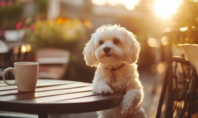 Adorable Fluffy White Dog Enjoying Sunlight at Outdoor Restaurant Table with Coffee Mug, Happy Pet Relaxing in Bright Scenic Cafe Setting, Generative AI
