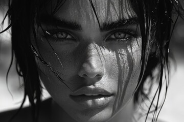 Fototapeta premium Captivating beauty illuminated by sunlight with wet hair and striking eyes in a natural setting