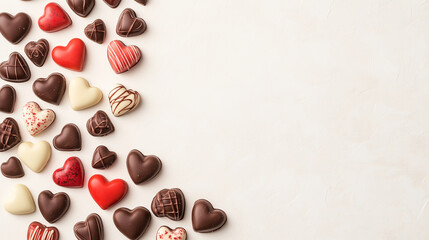 A playful depiction of candy hearts and chocolates scattered on a textured white background, arranged to leave a blank area for copy space