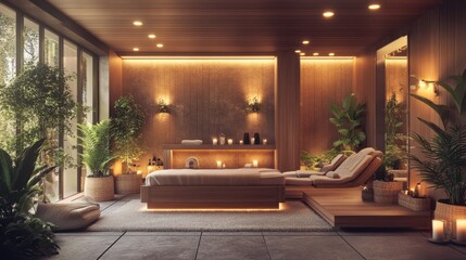 Fototapeta premium A cozy spa room with wooden accents, soft candles, and a massage table, bathed in warm lighting.