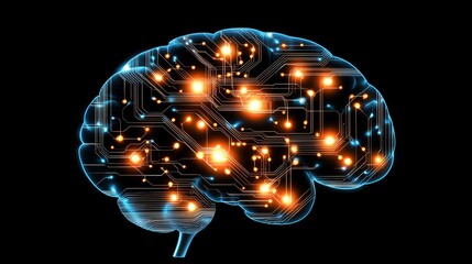 Futuristic digital brain with circuit patterns and glowing lights symbolizing ai and technology