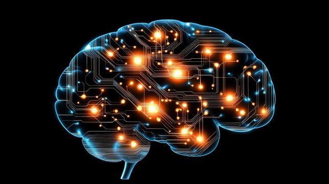 Futuristic digital brain with circuit patterns and glowing lights symbolizing ai and technology - Powered by Adobe