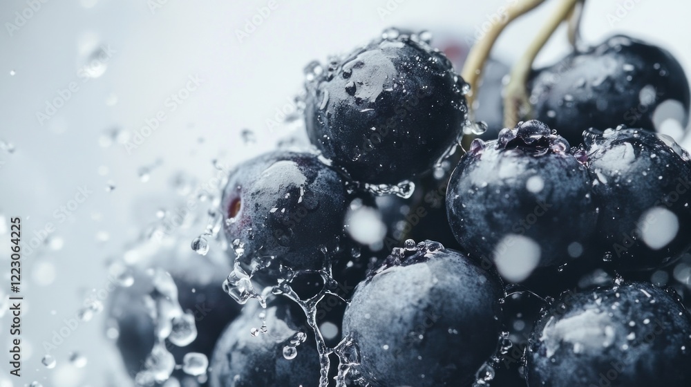 Poster close-up of fresh blueberries with water droplets in motion creating a dynamic scene