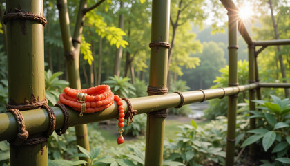 Vibrant coral bracelet resting on bamboo in lush tropical forest, beauty