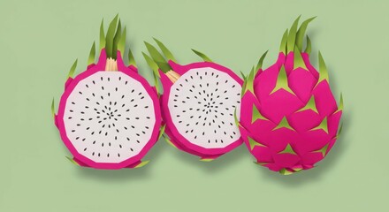 Vibrant pink and green dragon fruit on light green background