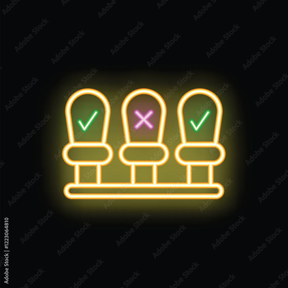 Poster neon sign showing social distancing rules with green check mark and red cross mark in public places