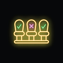 Neon sign showing social distancing rules with green check mark and red cross mark in public places