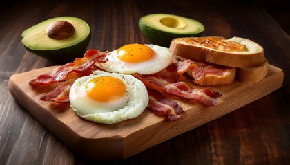 eggs bacon and avocado slices on a wooden board for a savory start to the day