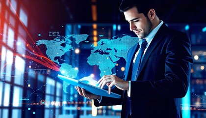 Businessman using a tablet with a global map display and data visualizations overlayed