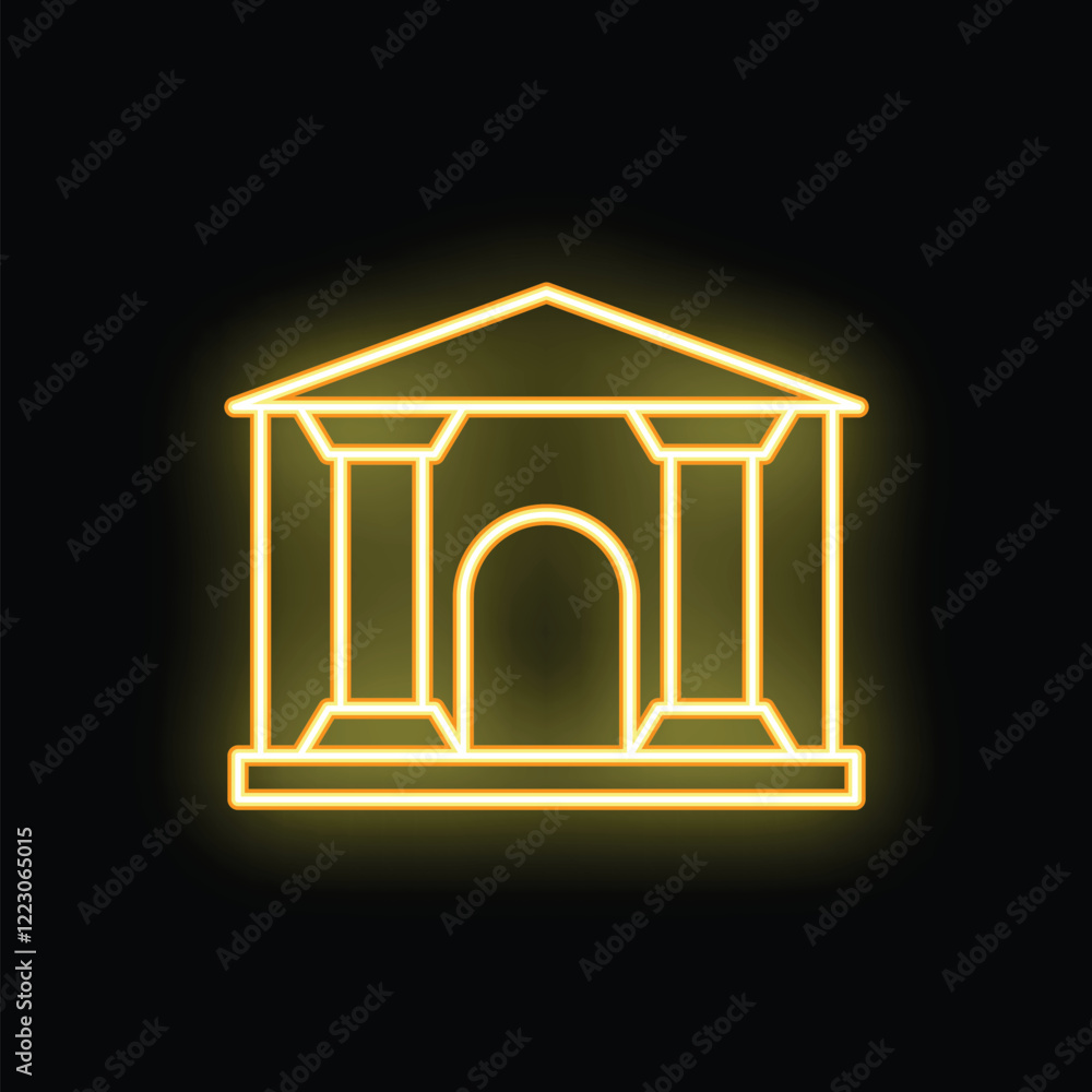 Aufkleber neon sign depicting a building with columns and a triangular roof glowing yellow against a dark back