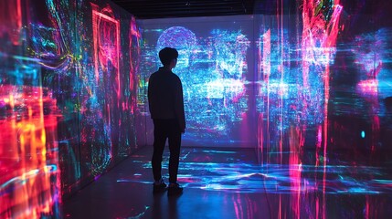 Silhouette Of A Boy In A Futuristic Neon Light Installation