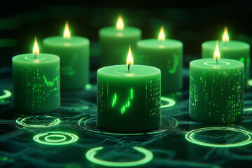 3d crypto trading interface with candles fluctuating dynamically in front of an encrypted ledger system