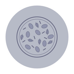 Round pizza topped with olives, leaves, and herbs. Tasty vegetarian option concept