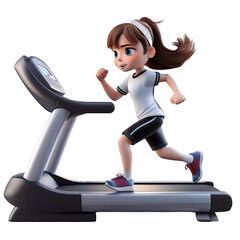 3D anime character white funny child girl doing sports running on a treadmill on white isolated transparent background. PNG.