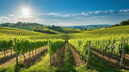 Fototapeta premium Sunlit vineyard landscape with rolling hills and clear blue sky