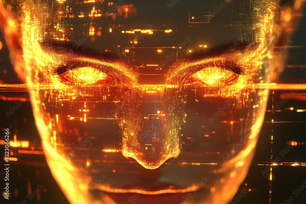 Aufkleber Digital humanoid face illuminated with glowing patterns representing technology and artificial intelligence in a dark environment