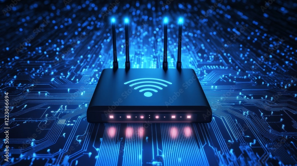 Poster contemporary wifi router displaying illuminated signals against a digital circuitry backdrop