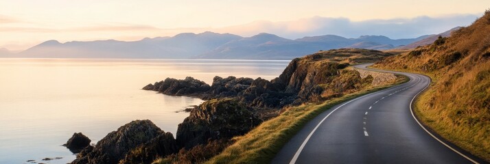 Serene coastal road at dusk with misty mountains and calm sea