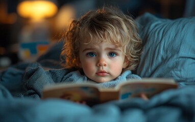 Caring Parent Reads to Feverish Child in Darkened Bedroom Under Bedside Lamp Glow
