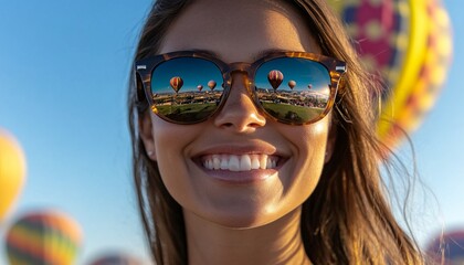 Smiling woman in sunglasses merges with a vibrant double exposure landscape showcasing nature's beauty and urban life.