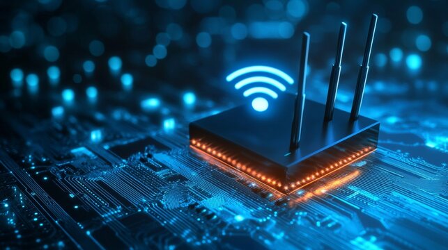 Futuristic wifi router featuring illuminated signals against a high tech circuitry backdrop