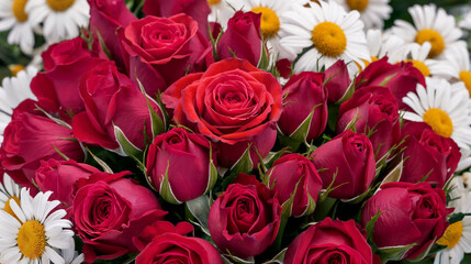 Obraz premium Elegant Bouquet of Red Roses and White Daisies – Floral Arrangement
