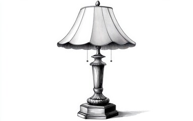 A monochrome vector illustration of a vintage-style table lamp with a carved wooden base and a bell-shaped lampshade