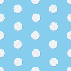 White tablets on blue background. Medical vector seamless pattern.