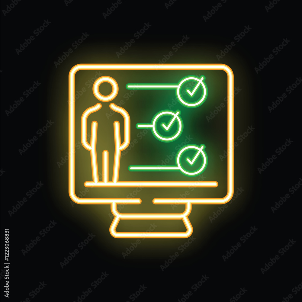 Poster neon icon representing online survey, featuring check marks on a computer screen, symbolizing digita