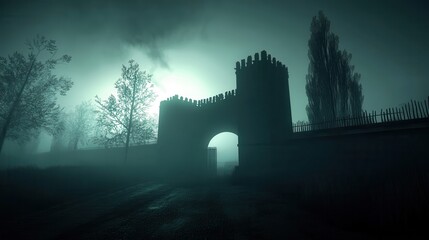 Mysterious Stone Archway in Foggy Landscape