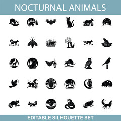 Nocturnal Animals Silhouettes Editable Vector Icons Set