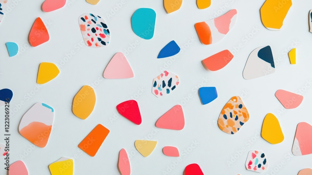 Poster colorful abstract shapes on white background with geometric patterns