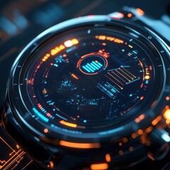 Close-up of a futuristic smartwatch displaying glowing data and analytics on its interface.