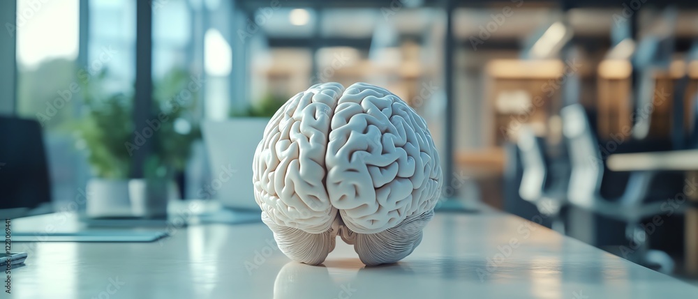 Poster white brain model on a table in a techsavvy office, representing ai and cognitive technology, clean 