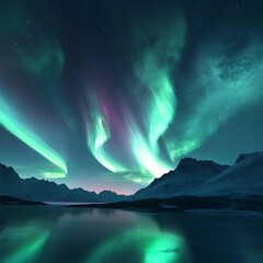 Naklejka premium Teal And Purple Aurora Borealis Over Dark Mountains And Still Lake At Night