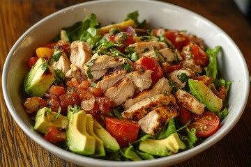 A hearty bowl filled with grilled chicken and fresh vegetables like avocado and tomatoes, showcasing a delicious and colorful healthy meal on a wooden table.