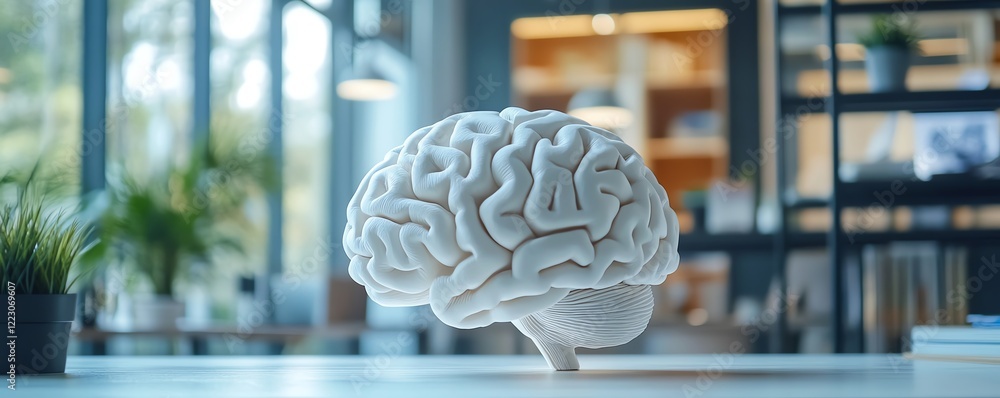 Poster artificial intelligence concept with a white brain model on a table in a hightech office, representi