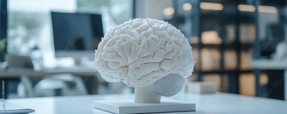 Poster artificial intelligence concept with a white brain model on a table in a hightech office, representi