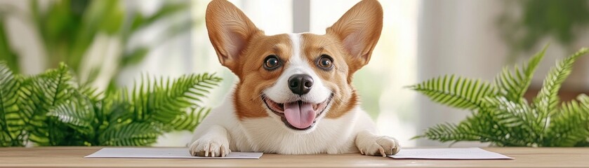 A happy pet, captured while a dedicated owner engages in pet health and care monitoring, the journal is beside them, using charts to help with observations This scene showcases a caring relationship