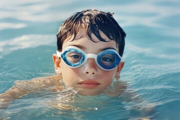 Naklejka premium This enchanting image captures a boy with swimming goggles floating in clear pool water, reflecting the sunlight and creating a serene aquatic atmosphere.