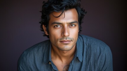 Fototapeta premium Confident and Handsome Man with Dark Hair and Eyes Portrait