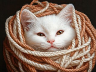 A playful painting of a kitten tangled in yarn, reflecting appreciation for the little joys pets bring This whimsical art captures a white kitten nestled in brown and white yarn The close-up of the