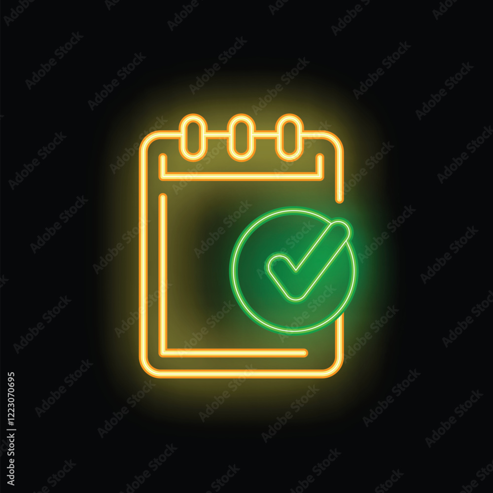 Aufkleber glowing neon icon of a clipboard with a check mark, representing the concept of task completion