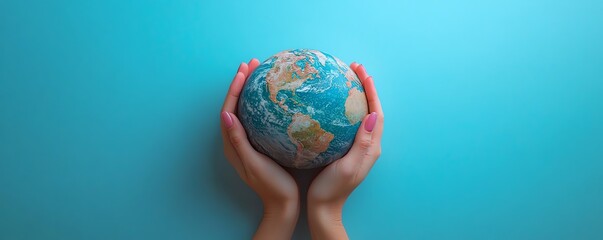 Hands gently holding the earth globe on a blue background, symbolizing World Earth Day, environmental care, sustainability, ultrarealistic, 8K resolution